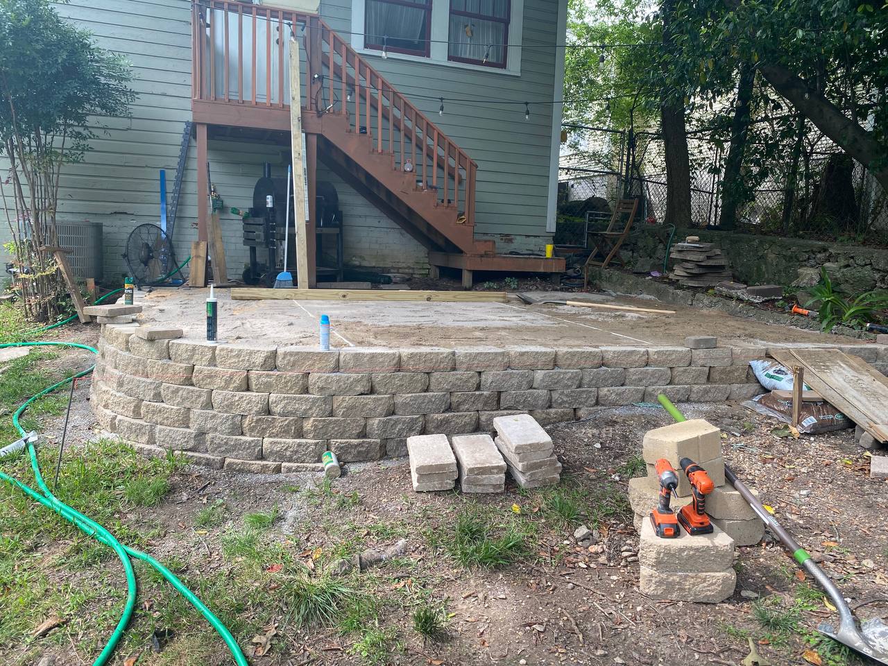 Construction progress showing the retaining wall