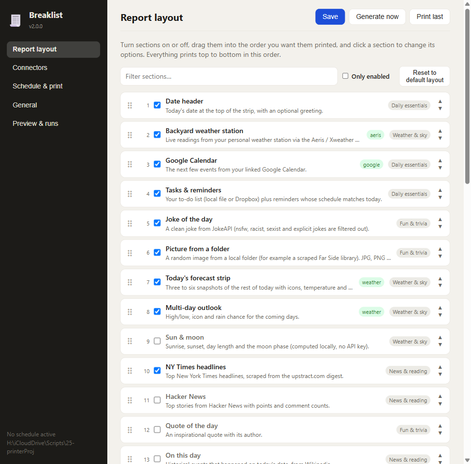 The layout editor: a list of report sections with checkboxes, categories and drag handles