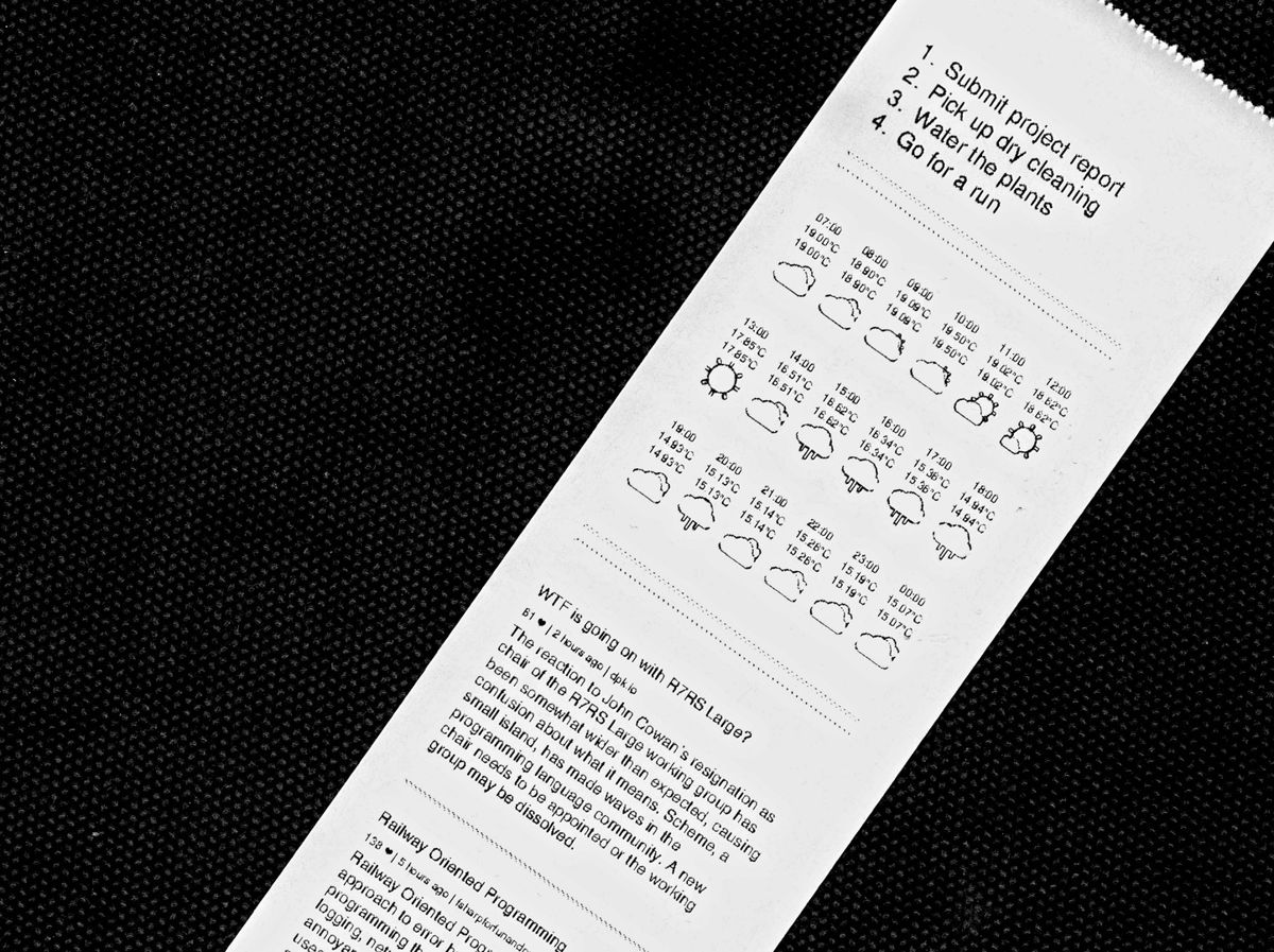 Thermal paper strip showing a to-do list, an hourly weather forecast with outline icons, and Hacker News summaries