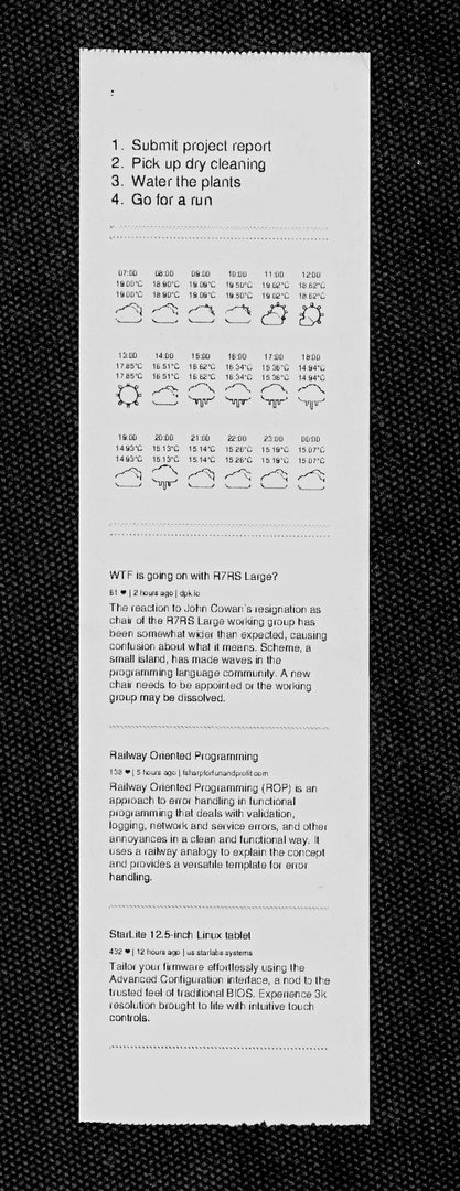 A full printed strip: to-do list, hourly weather with outline icons, and news items